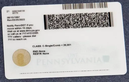 Example of an acceptable ID photo: the back of a sample driver's license with the barcode fully visible and no glare