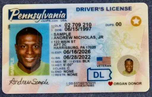 Example of an acceptable ID photo: the front of a sample driver's license, evenly lit, with all four edges visible and every line of text readable